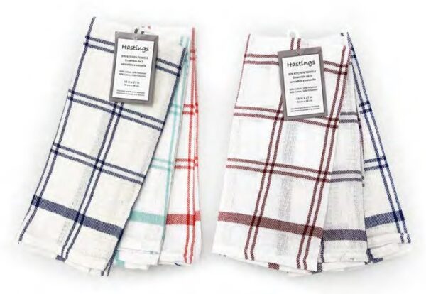 3 Pack Kitchen Towels. 90% Cotton, 10% Polyester.