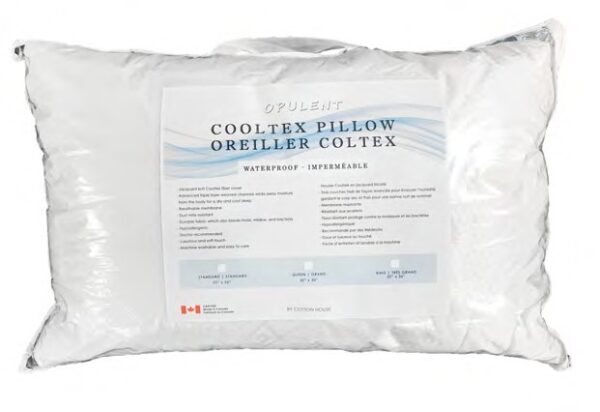 Cooltex Pillow. Jacquard knit Cooltex Fiber Cover. Waterproof and Dust Mite Resistant. Made in Canada.