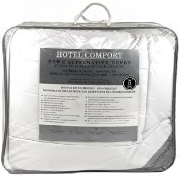 TC-250 Hotel Comfort Duvet. 100% Cotton. 100% Gel Microfiber 3D Fill. Down Alternative. Self Piped, Down Proof Covering.