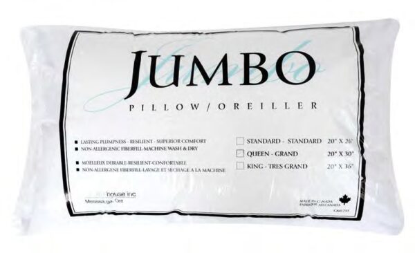 Jumbo Pillow. TC-200. 50% Polyester, 50% Cotton Covering. 100% Hypoallergenic. Hollow Fill Siliconized Polyester. Made in Canada.