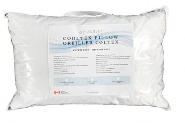 Cooltex Pillow. Jacquard knit Cooltex Fiber Cover. Waterproof and Dust Mite Resistant. Made in Canada.