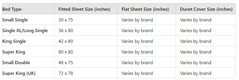 Bedding size guide 